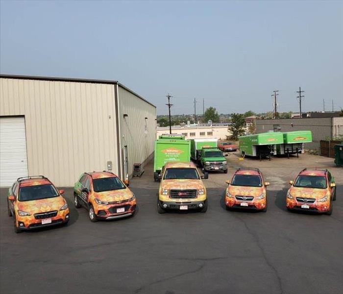 SERVPRO of Highlands Ranch/NW Douglas County's fleet of response vehicles parked in their facility parking lot