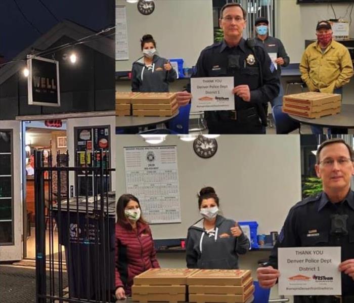 collage of photos, pizzaria donating pizza to support local law enforecment